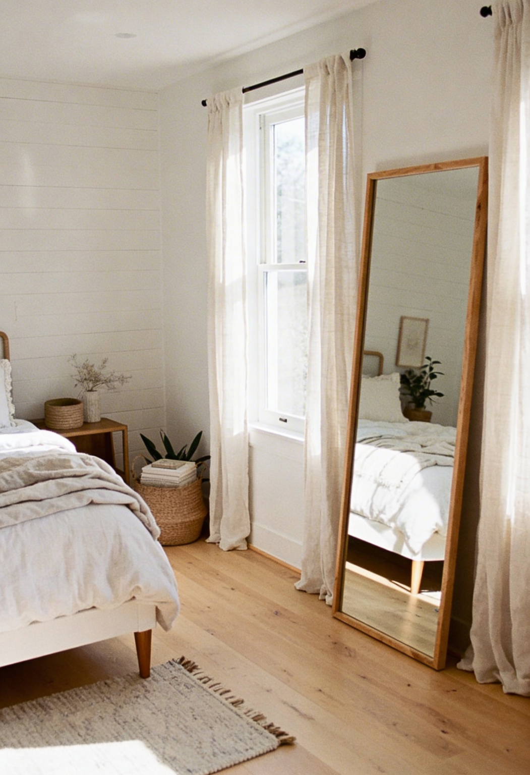 Full length mirror in a small bedroom reflecting light and creating depth