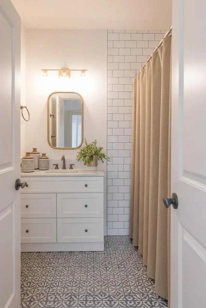 Neutral linen shower curtain creating a calm spa like feel in a small rental bathroom