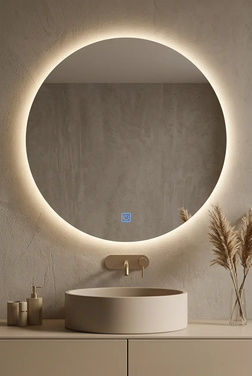 Warm backlit mirror creating soft ambient lighting in a small bathroom
