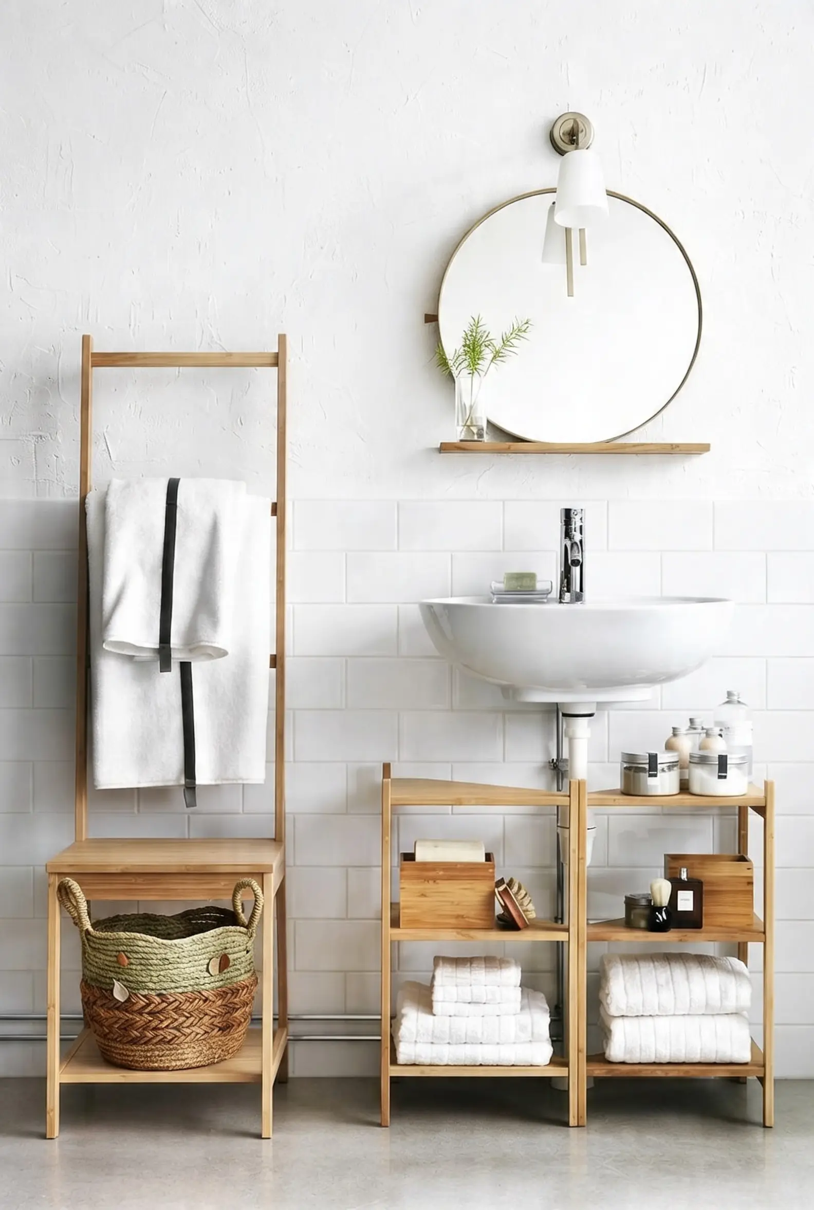 Bathroom countertop with woven basket and wooden tray organizing everyday items beautifully