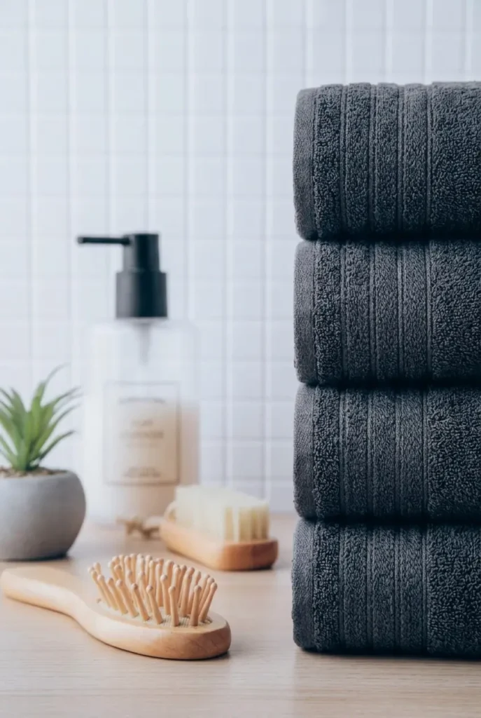 Matching white towels and neutral bath mat creating a cohesive spa feel in a rental bathroom