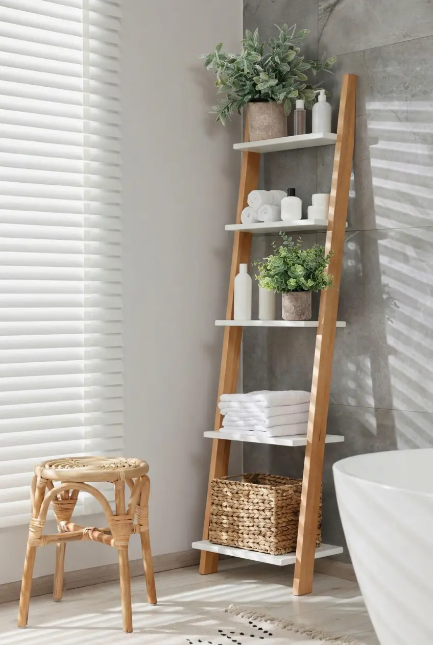 Small potted plants on a bathroom shelf adding warmth and life to the space