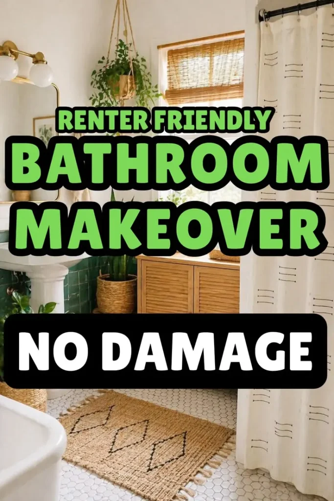 Small rental bathroom with peel and stick backsplash tiles creating a high end look