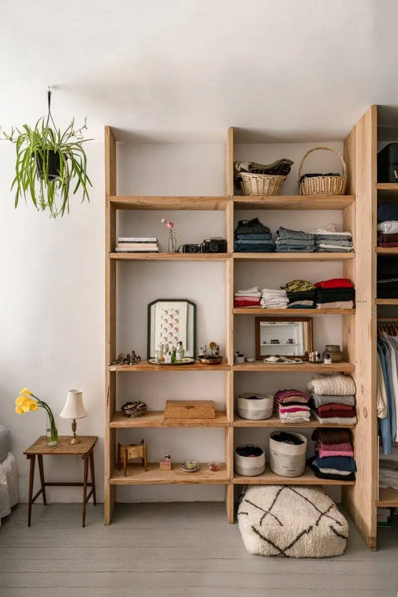 Tall narrow bookshelf in small bedroom drawing the eye upward and creating vertical storage