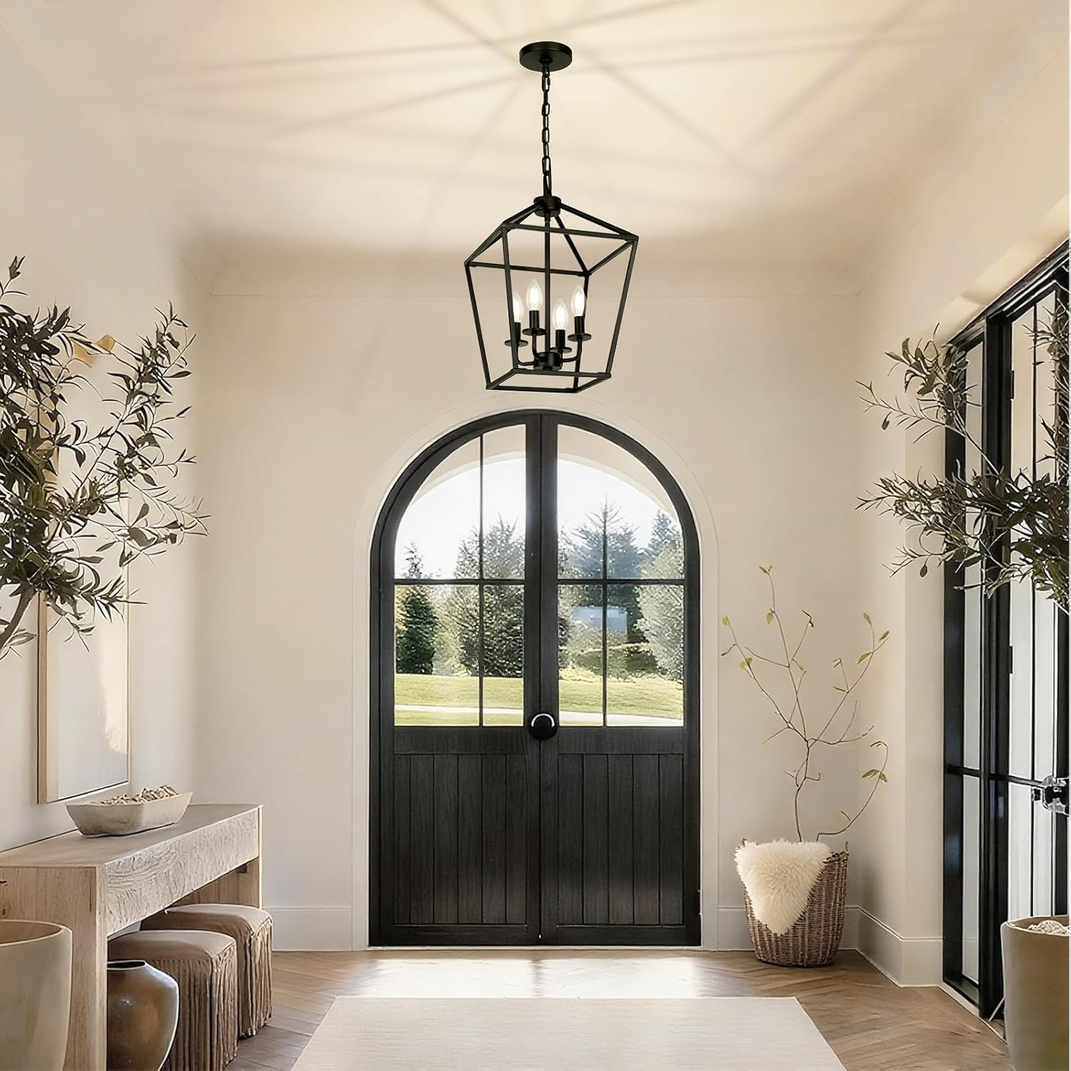 Modern farmhouse cage light fixture in a styled entryway with warm tones