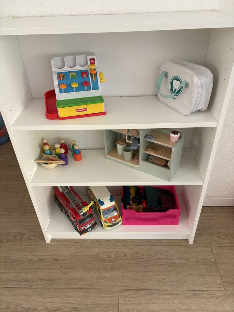 Simple toy rotation shelf in a small apartment living room with a few displayed toys