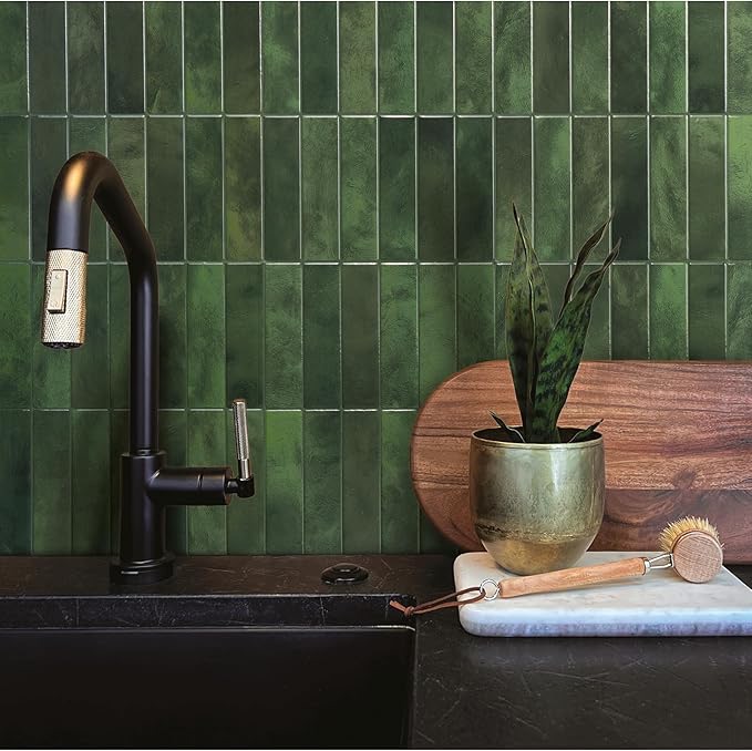Kitchen with peel and stick tile backsplash in neutral tones