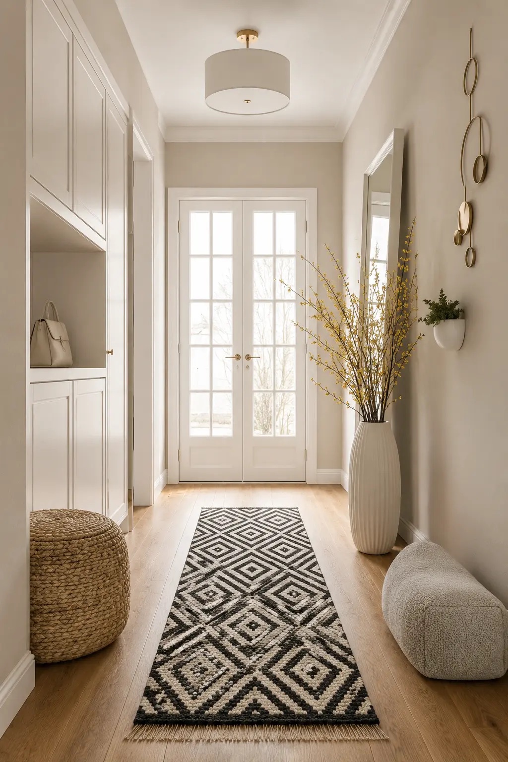 Small entryway with modern flush mount ceiling light creating a warm welcoming glow