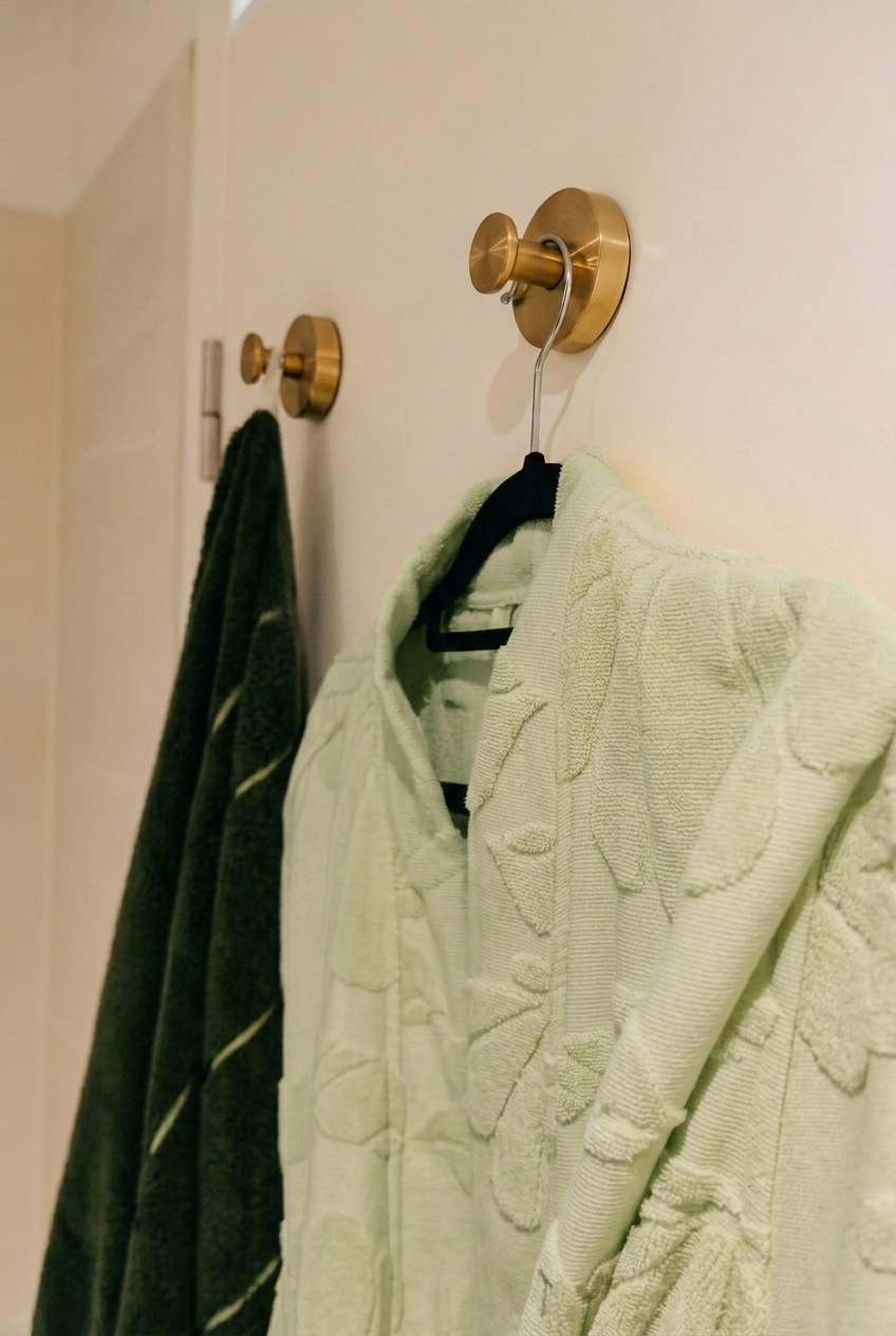 Suction cup hooks mounted on shower tile holding towels and accessories