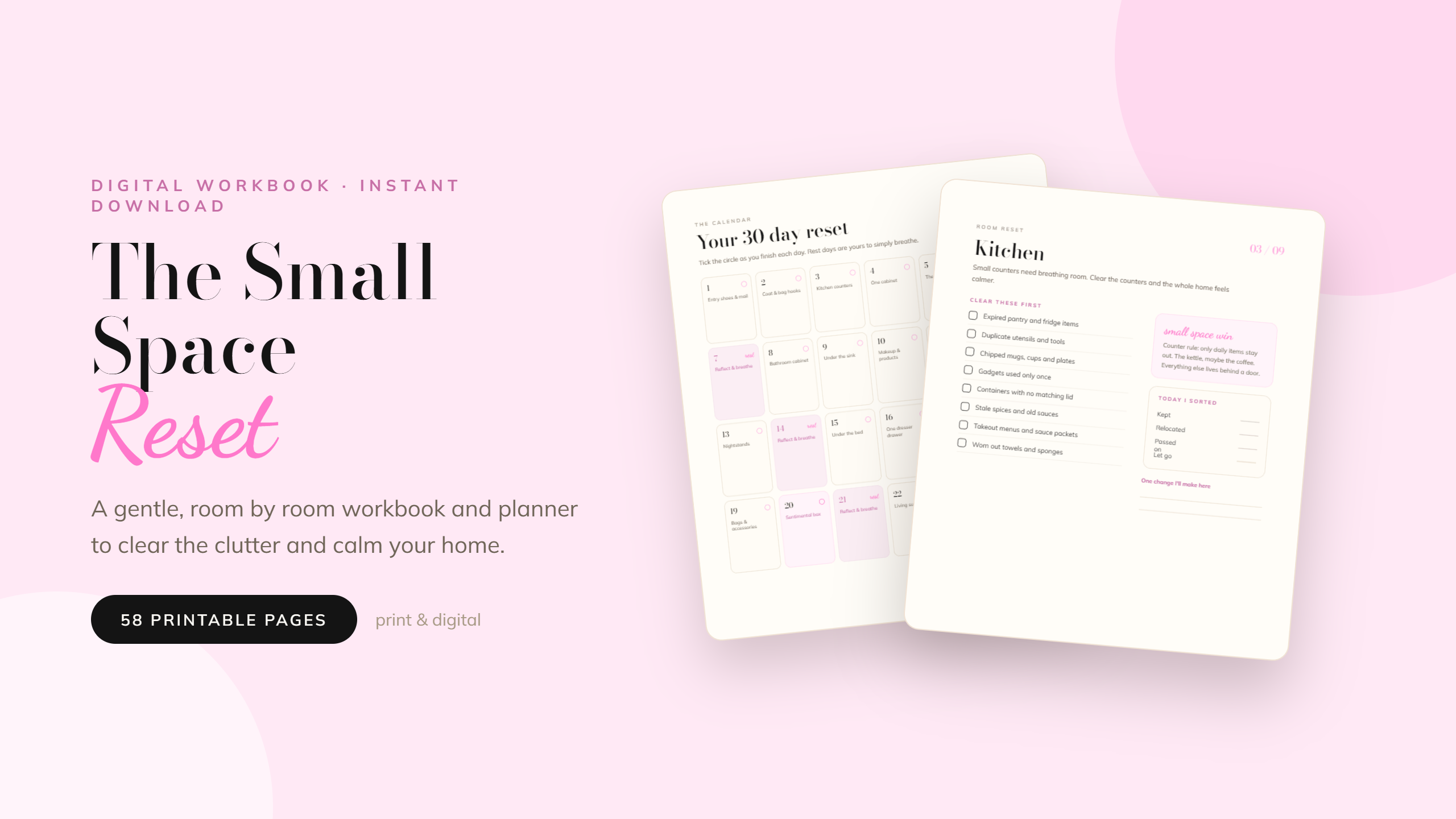 The Small Space Reset workbook and planner pages