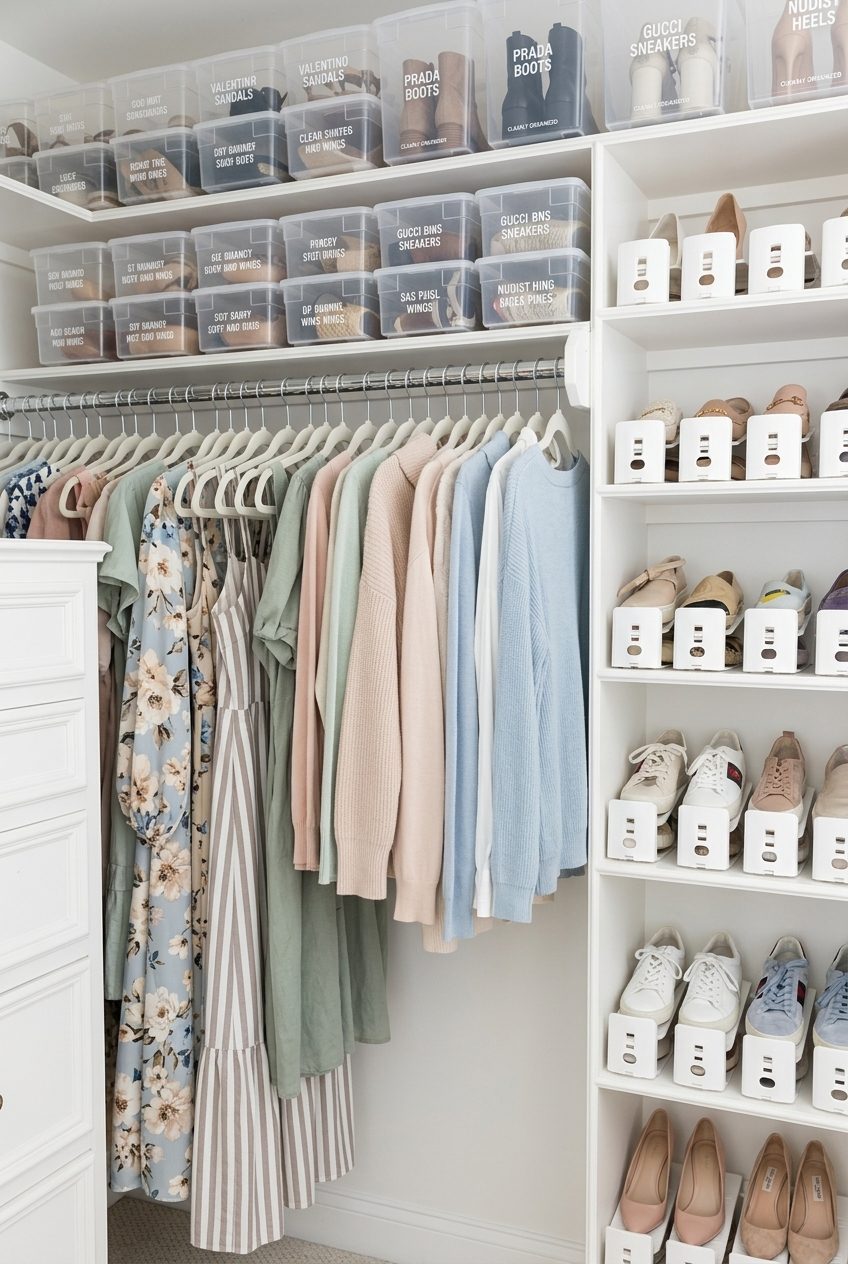 Small apartment closet organized with slim velvet hangers creating more rod space