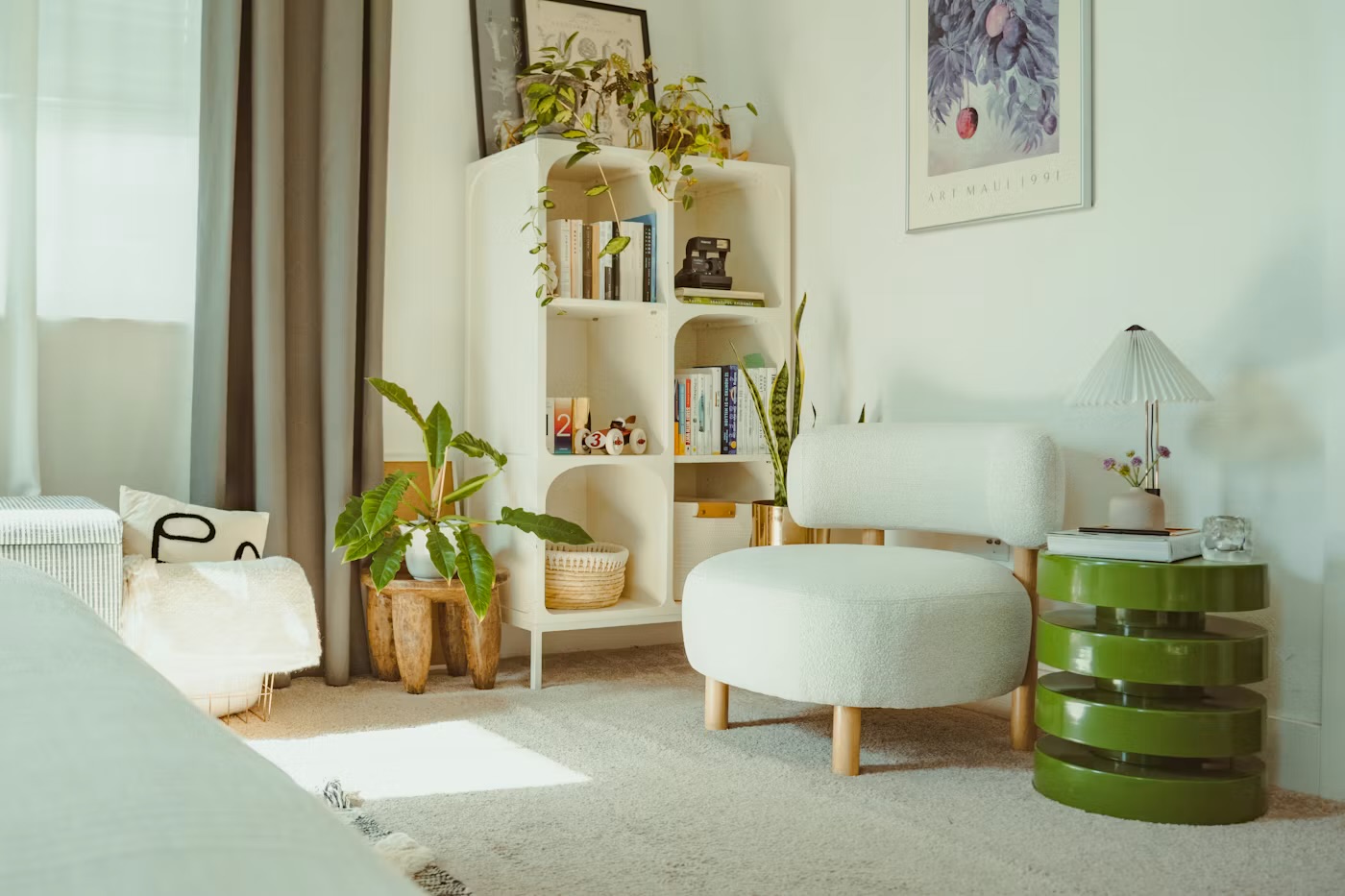 Bedroom with neutral linen curtains hung on a tension rod creating a cozy warm feel