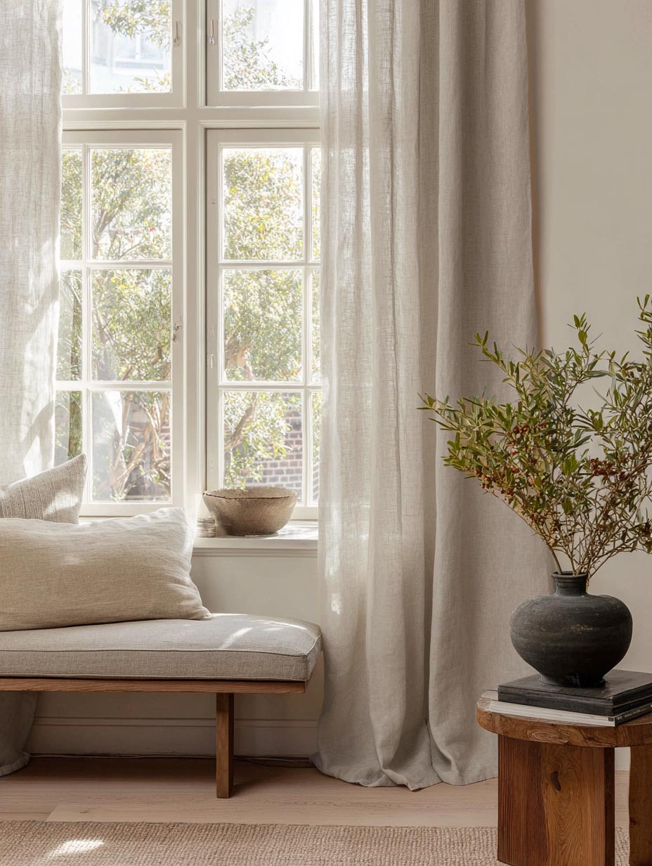 Close up of textured natural linen curtain fabric with warm light coming through