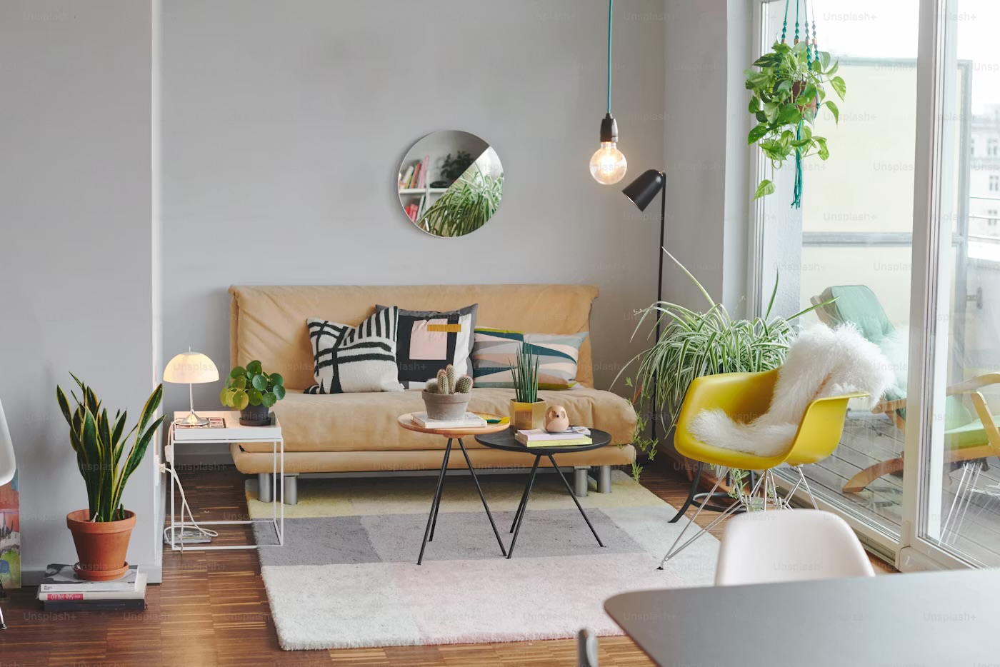 Clean organized small apartment with clear surfaces and calm neutral decor