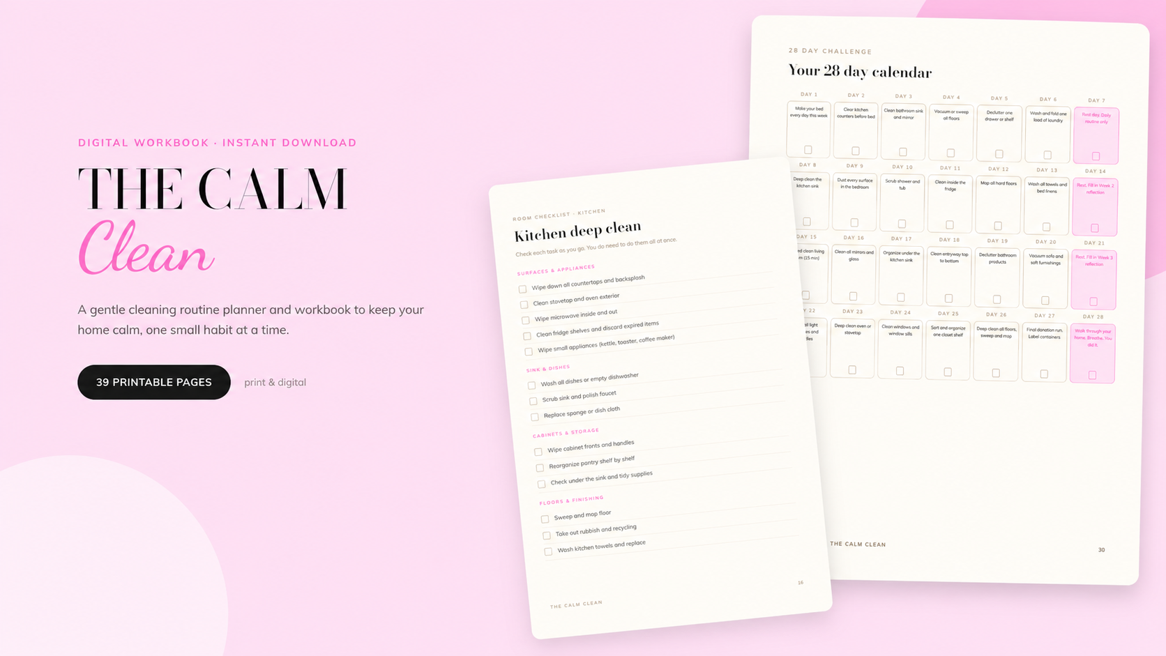 The Calm Clean cleaning routine planner open to daily checklist pages
